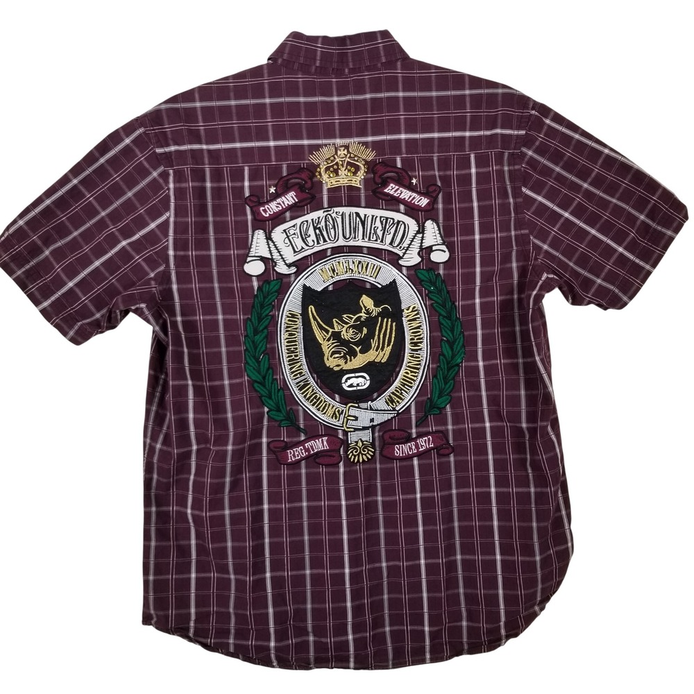 Ecko Unltd Men Large Short Sleeve Button Down Shirt Plaid Maroon Rhino Back Logo